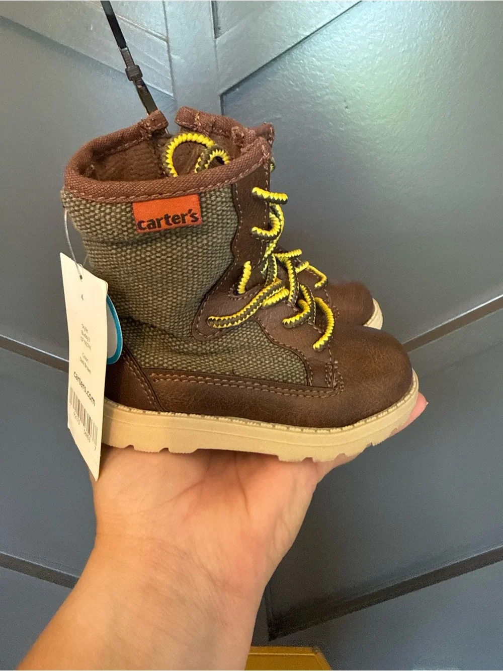 Carter's Brown and Olive Kids Lace-Up Boots with Yellow Laces